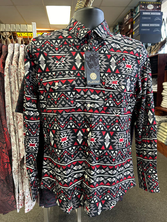 White and Red Aztec Print Dress Shirt