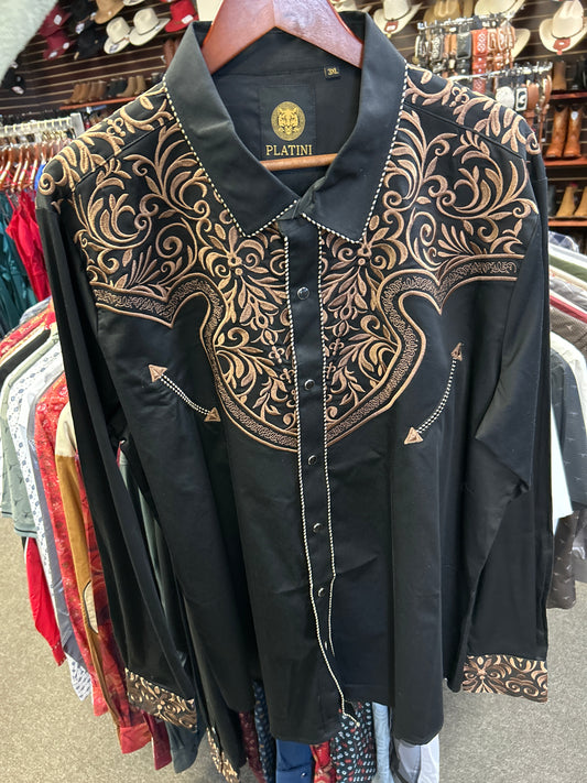 Black with Gold Embroidered Dress Shirt