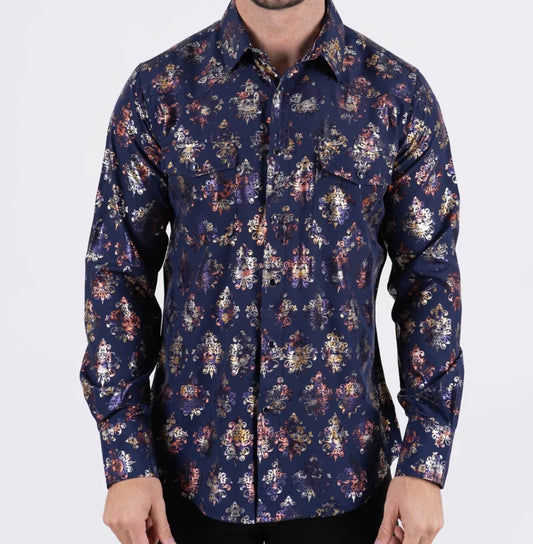 Satin Navy Print Dress Shirt